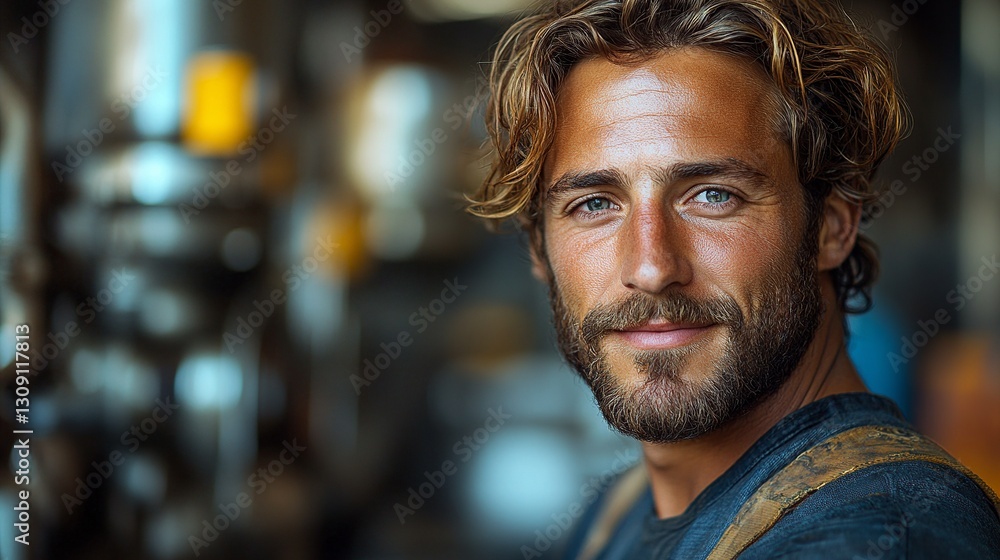 Portrait of a rugged man with a charming smile. He stands near machinery, showcasing a blend of strength and approachability. Portrait of a rugged man with a charming smile. He stands near machinery, showcasing a blend of strength and approachability.