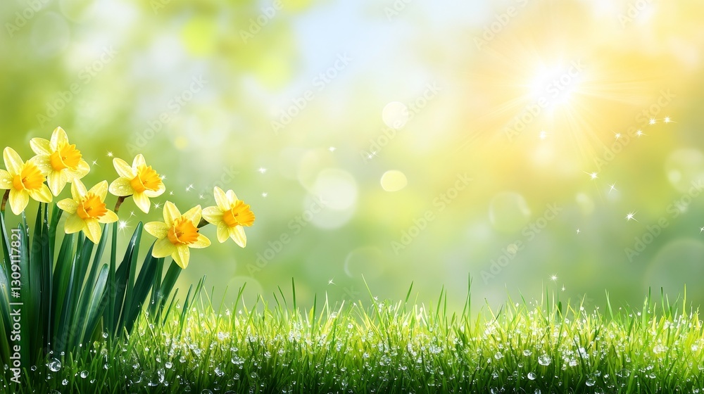 Sunlit Spring Meadow Vibrant Daffodils in Bloom, Fresh Dewy Grass, and a Dreamy Bokeh Background Sunlit Spring Meadow Vibrant Daffodils in Bloom, Fresh Dewy Grass, and a Dreamy Bokeh Background