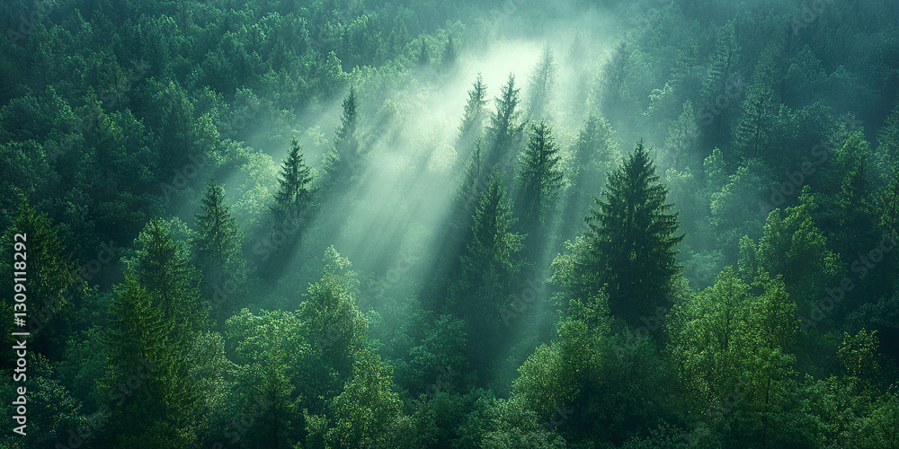 Fototapeta premium Sunlit Misty Forest with Golden Rays