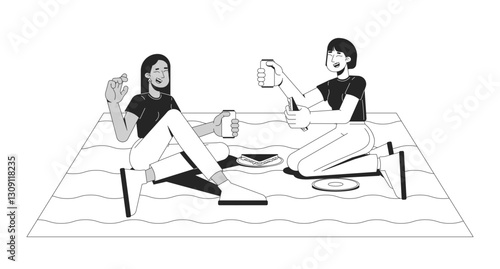 Diverse girlfriends enjoying picnic 2D line characters. Two women sitting on picnic blanket, eating sandwiches, drinking soda isolated vector ink outline people. Monochromatic spot illustration