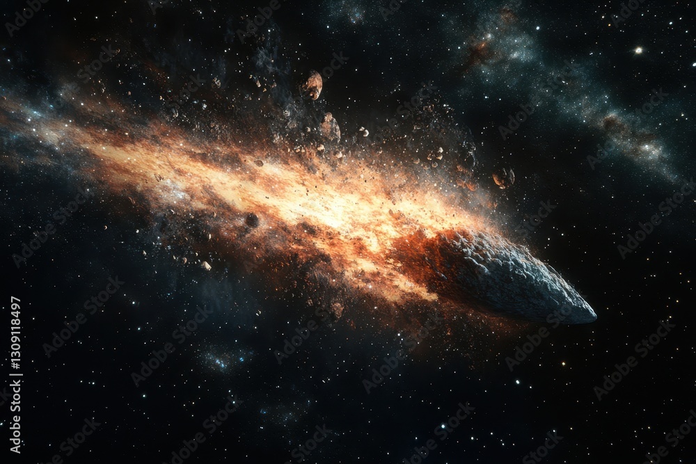Fototapeta premium Massive asteroid hurtles through space, leaving a trail of fire and debris behind