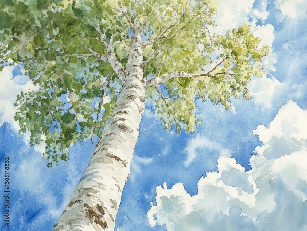 Fototapeta premium Birch Tree, Upward View, Cloudy Sky