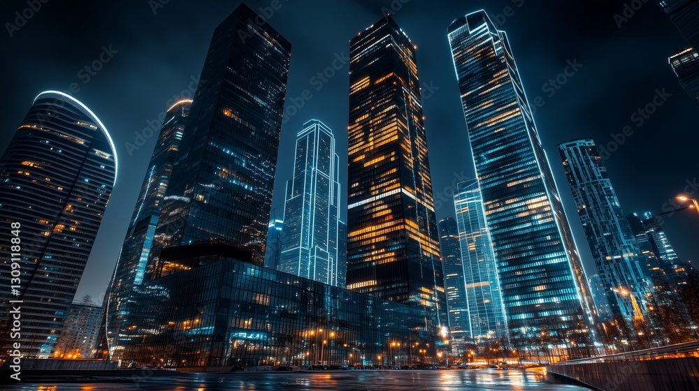 Obraz premium City lights at night in the city. High-rise with a night view. Modern buildings in the city. The illumination of the city at lifestyle night.