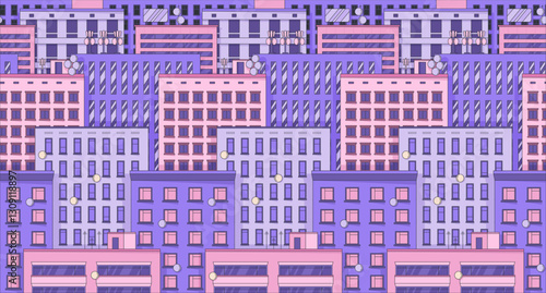 Pastel purple urban cityscape buildings lofi wallpaper. City life. Highrise apartments. Nostalgic residential metropolis 2D cartoon flat illustration. Vector art image lo fi aesthetic color background