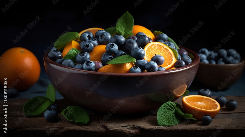 Juicy Oranges & Blueberries in Rustic Bowl. Juicy Oranges & Blueberries in Rustic Bowl.