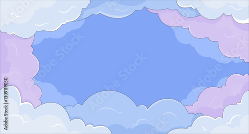 Lo-Fi aesthetic cloudy sky dreamy pastel flat illustration background. Nostalgia and relaxation. Fluffy clouds. Minimalistic artistic cloudscape 2D cartoon backdrop. Colorful scene vector art image