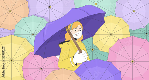 Raincoat woman with umbrella in parasols rain weather lofi wallpaper. Resilience. Dreamy rainy day nostalgia vibes 2D cartoon flat illustration. Vector art image lo fi aesthetic color background