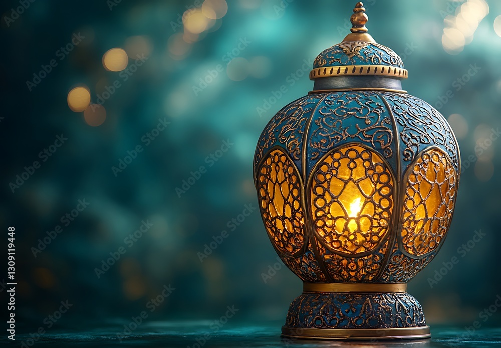 Ornate Blue and Gold Lantern Glowing Against a Teal Backdrop Ornate Blue and Gold Lantern Glowing Against a Teal Backdrop
