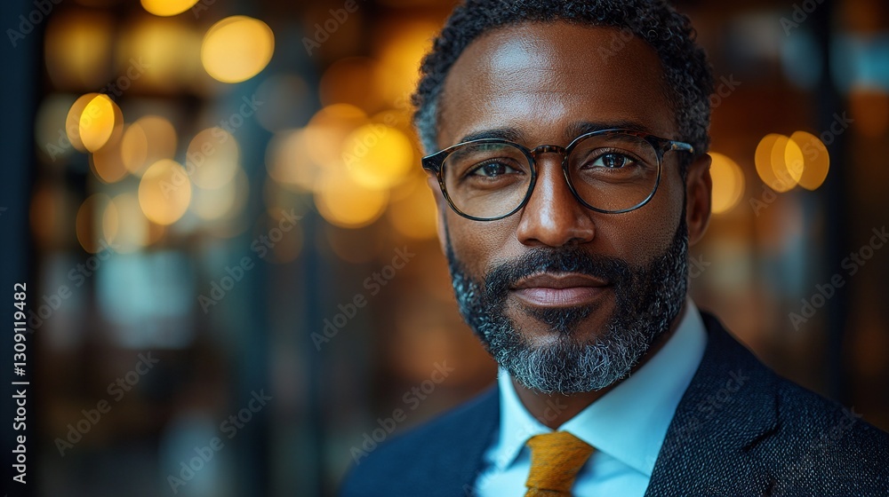 Close-up portrait of a confident man with glasses in a suit, showcasing professionalism and style in a modern business environment. Close-up portrait of a confident man with glasses in a suit, showcasing professionalism and style in a modern business environment.