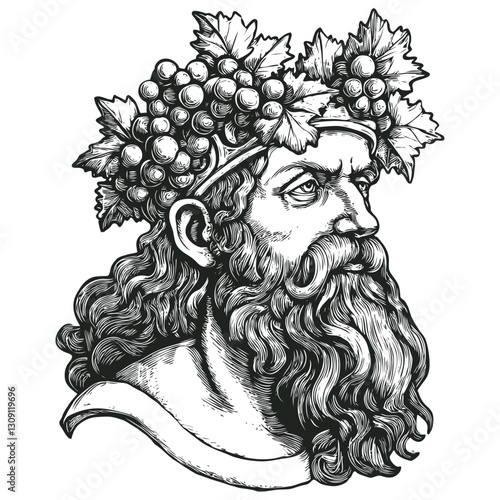 Vector illustration of Bacchus (Dionysus) in classical engraving style. The detailed black and white portrait shows the Greek god of wine with a flowing beard, wavy hair