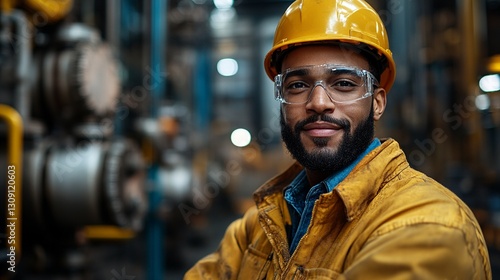 Factory worker wearing safety gear. Personable engineer smiles against a backdrop of industrial machinery. Safety first and a can-do attitude