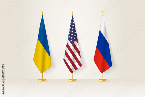 Diplomatic Meeting Representation, Ukraine, USA and Russia Flags. Flags on Diplomatic Stands.
