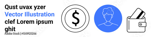 Three main elements a dollar sign for financial themes, a user avatar for personal identity, and a wallet with cards for transactions. Ideal for financial services, banking, personal finance
