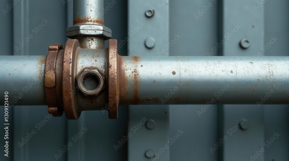Close-up view of aged metallic pipe joint with rust showing against a muted grey metallic background Close-up view of aged metallic pipe joint with rust showing against a muted grey metallic background