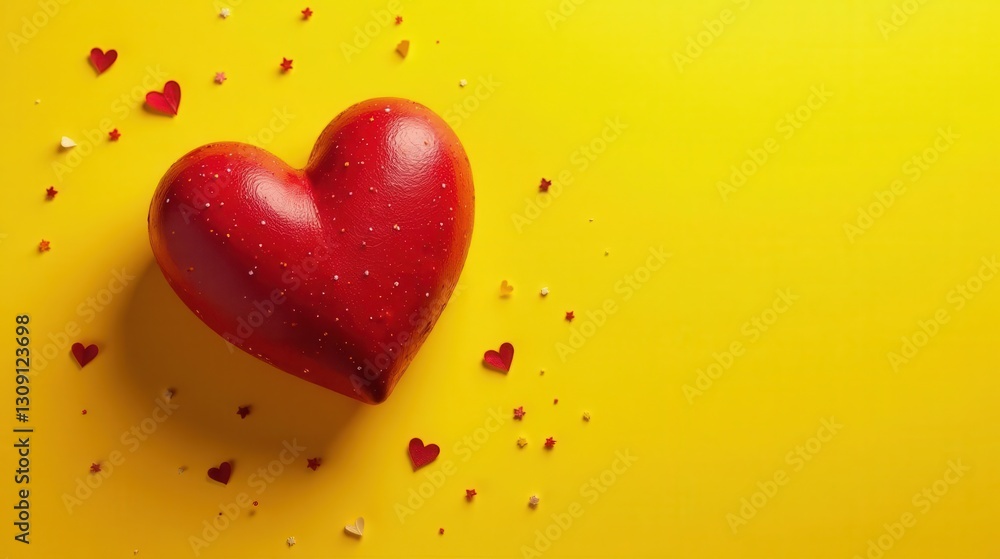 A Vibrant Red Heart Shape Decorated with Sparkling Elements on a Sunny Yellow Background A Vibrant Red Heart Shape Decorated with Sparkling Elements on a Sunny Yellow Background
