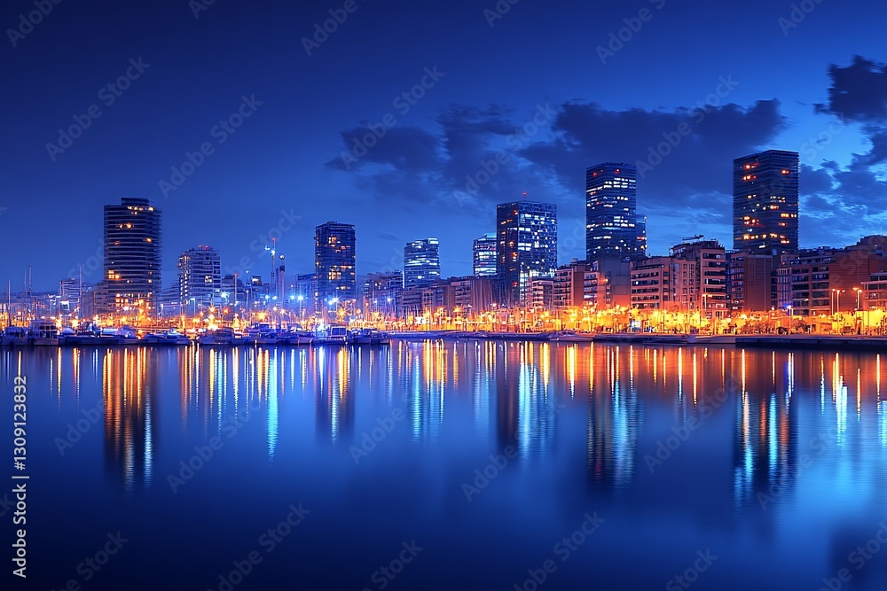 Fototapeta premium Skyline reflects in water at night