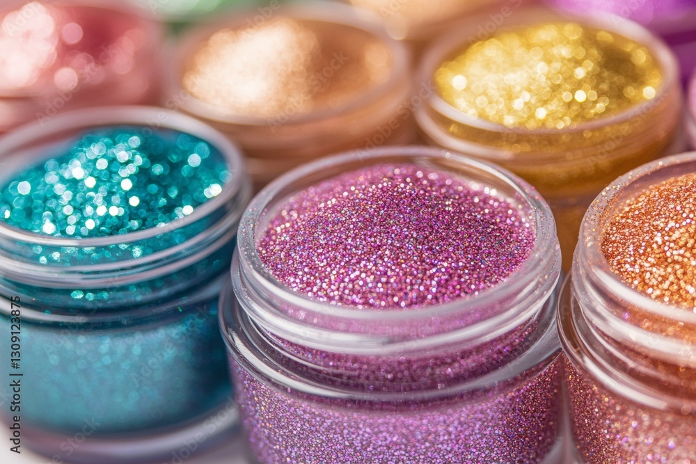 Brightly colored jars filled with nail glitter powders are neatly displayed. The sparkling glitters shine under the light, showcasing their vivid hues against a soft background Brightly colored jars filled with nail glitter powders are neatly displayed. The sparkling glitters shine under the light, showcasing their vivid hues against a soft background