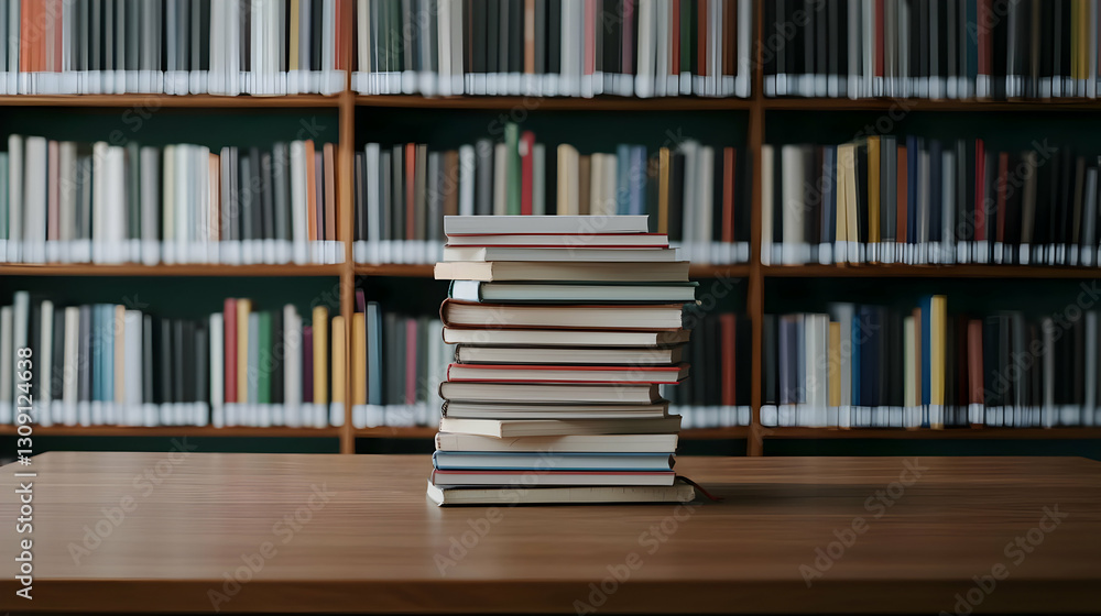 Stack Of Books On Wooden Table In Front Of Library Bookshelves Stack Of Books On Wooden Table In Front Of Library Bookshelves