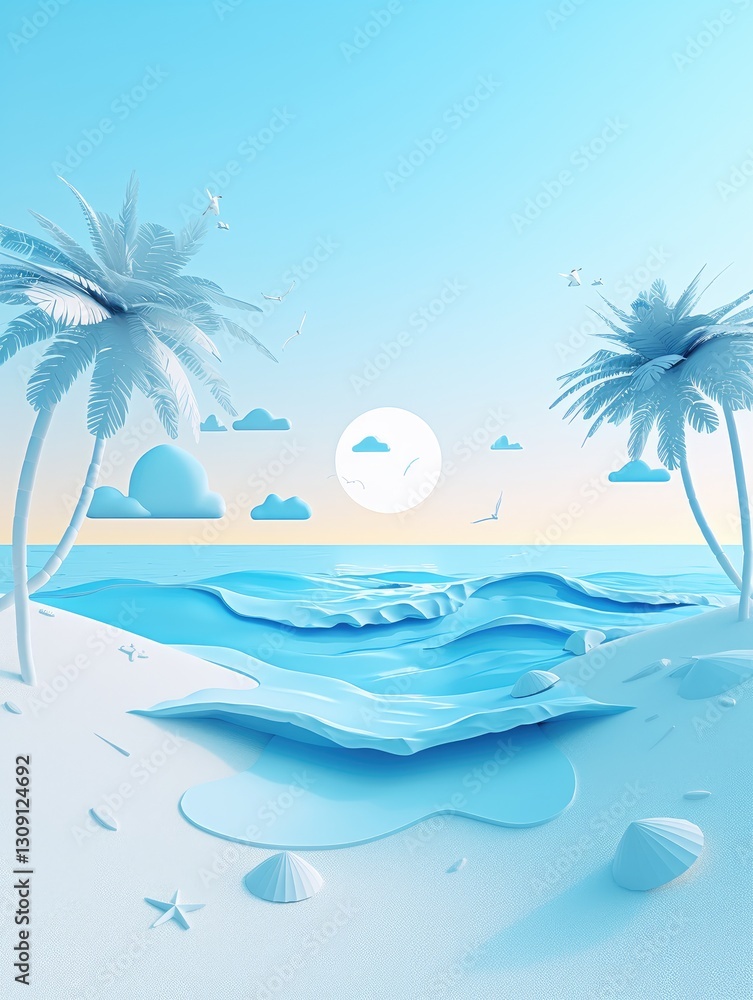 A serene tropical beach scene with bright blue and white colors A serene tropical beach scene with bright blue and white colors