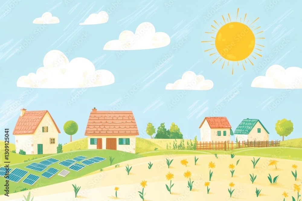Bright Landscape with Solar Panels and Charming Houses in Fields Bright Landscape with Solar Panels and Charming Houses in Fields