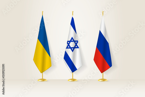 Diplomatic Meeting Representation, Ukraine, Israel and Russia Flags. Flags on Diplomatic Stands.