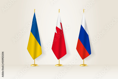 Diplomatic Meeting Representation, Ukraine, Bahrain and Russia Flags. Flags on Diplomatic Stands.
