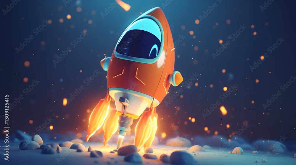 Colorful Cartoon Rocket Launch into Space Colorful Cartoon Rocket Launch into Space