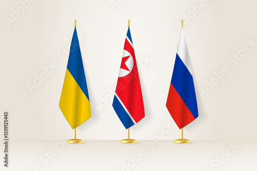 Diplomatic Meeting Representation, Ukraine, North Korea and Russia Flags. Flags on Diplomatic Stands.