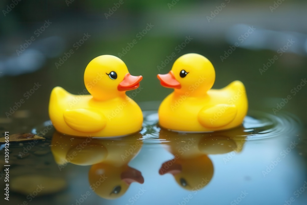 Two cheerful yellow rubber duckies afloat on tranquil water, mirroring each other in a serene puddle reflection, creating a charming and peaceful scene. Two cheerful yellow rubber duckies afloat on tranquil water, mirroring each other in a serene puddle reflection, creating a charming and peaceful scene.