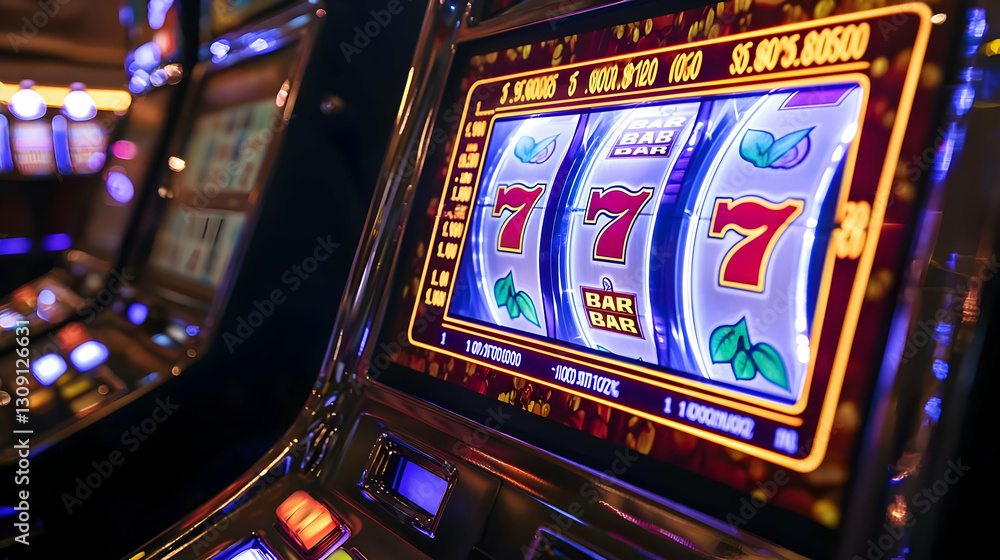 Close-up of Illuminated Slot Machine Display with Winning Symbols Close-up of Illuminated Slot Machine Display with Winning Symbols