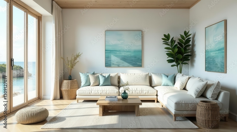 Serene Coastal Living Room Design Featuring a Light Cream Sectional Sofa and Ocean-Inspired Artwork Serene Coastal Living Room Design Featuring a Light Cream Sectional Sofa and Ocean-Inspired Artwork