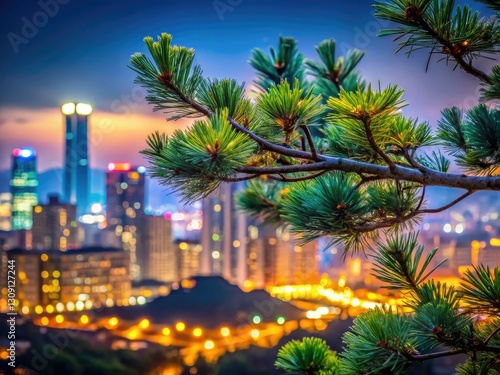 Seoul's dazzling night skyline, framed by a pine branch, showcases urban nature's dramatic beauty, a masterful rule-of-thirds composition.