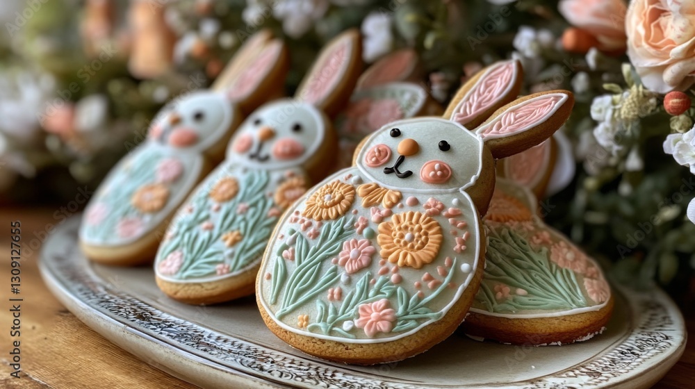 Fototapeta premium Pastel Floral Bunny Cookies on Wooden Table