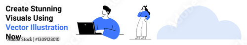Professional working at a laptop and thinker with a tablet, standing next to a large abstract cloud. Ideal for technology, creativity, teamwork, innovation, productivity, design, flat landing page