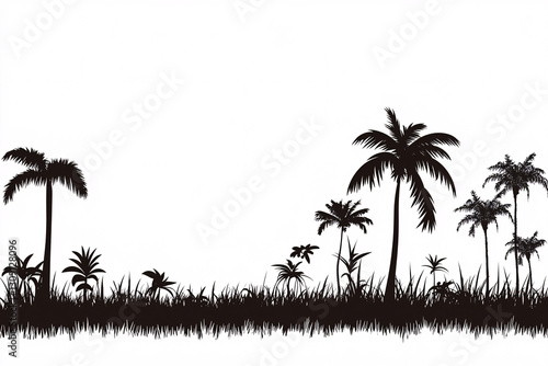 A row of palm trees and grass in black and white silhouette, creating a tropical and exotic composition with minimalistic beauty.  
