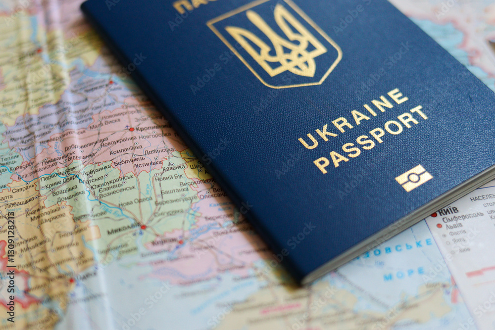 Ukrainian passport lying on a map of Ukraine. The photo symbolizes travel, mobility, international travel and a person's connection with Ukraine.the concept of refugee and immigration due to war. Ukrainian passport lying on a map of Ukraine. The photo symbolizes travel, mobility, international travel and a person's connection with Ukraine.the concept of refugee and immigration due to war.