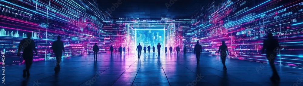 Vibrant Scene of Diverse Individuals Walking Through an Illuminated Tunnel with Colorful Neon Lights Creating a Dynamic Urban Atmosphere at Night Vibrant Scene of Diverse Individuals Walking Through an Illuminated Tunnel with Colorful Neon Lights Creating a Dynamic Urban Atmosphere at Night