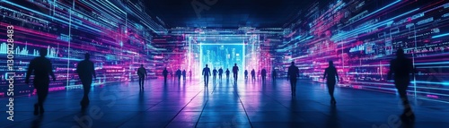 Wallpaper Mural Vibrant Scene of Diverse Individuals Walking Through an Illuminated Tunnel with Colorful Neon Lights Creating a Dynamic Urban Atmosphere at Night Torontodigital.ca