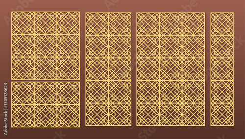 Set of laser cut templates with geometric pattern. For metal cutting, wood carving, panel decor, paper art, stencil or die for fretwork, card background design. Vctor illustration