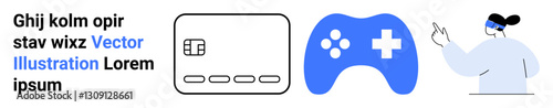 Gaming controller, secured credit card chip, person with VR headset. Ideal for technology, virtual reality, video gaming, finance security, innovation futurism digital solutions. Landing page