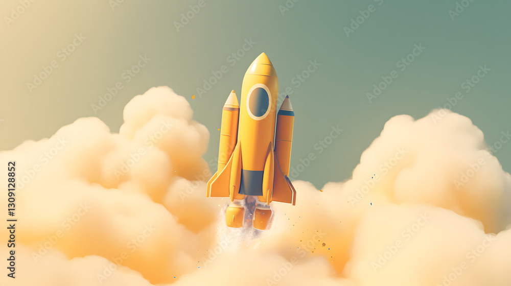 Naklejka premium Yellow Rocket Launch into the Clouds