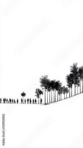 Wallpaper Mural A minimalist black and white silhouette of people standing near trees on a gentle slope, symbolizing growth and nature.  
 Torontodigital.ca