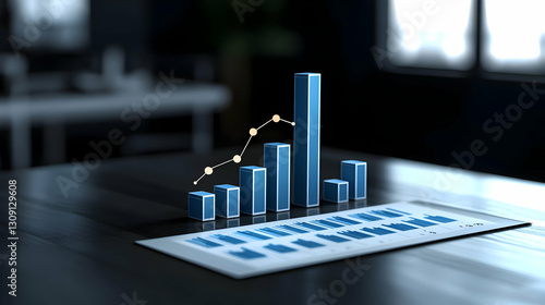 Blue Bar Graph Chart On Report Displaying Financial Data And Business Growth On Dark Table