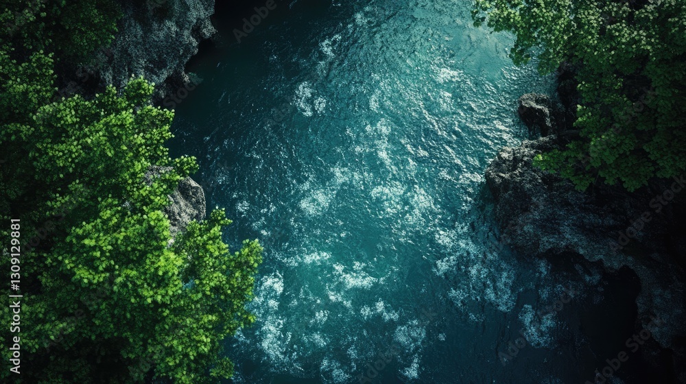 Obraz premium Aerial View of a Lush Green Forest Overlooking a Deep Teal River