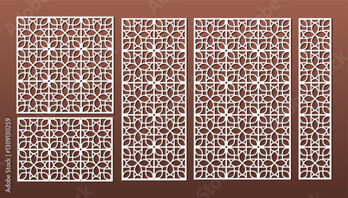 Set of laser cut templates with geometric pattern. For metal cutting, wood carving, panel decor, paper art, stencil or die for fretwork, card background design. Vctor illustration