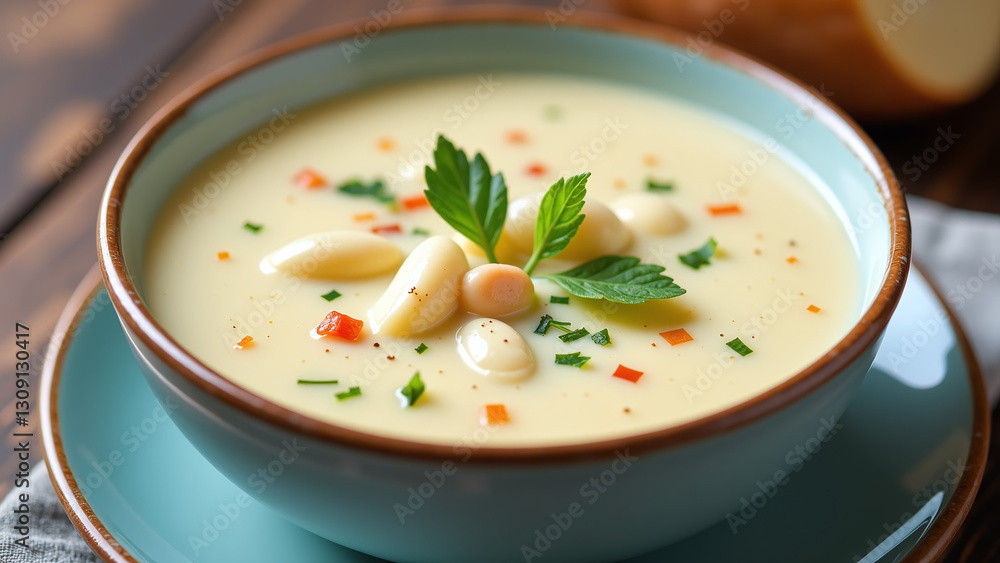 freshly made clam chowder soup deliciously creamy served bowl fresh herbs freshly made clam chowder soup deliciously creamy served bowl fresh herbs