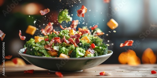 Floating broccoli salad with bacon and cheddar on a blurred wooden table background