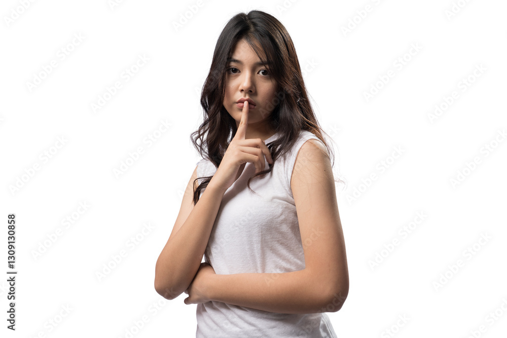 Silence Gesture: A portrait captures a young woman gesturing for silence, her finger pressed to her lips as she makes a plea for quiet. The image is clean and minimalist. Silence Gesture: A portrait captures a young woman gesturing for silence, her finger pressed to her lips as she makes a plea for quiet. The image is clean and minimalist.