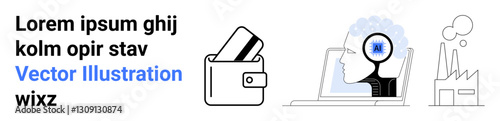 Wallet with cards, human head with AI gear, laptop, factory. Ideal for fintech, AI, technology advancement, industrial revolution innovation progress automation. Landing page