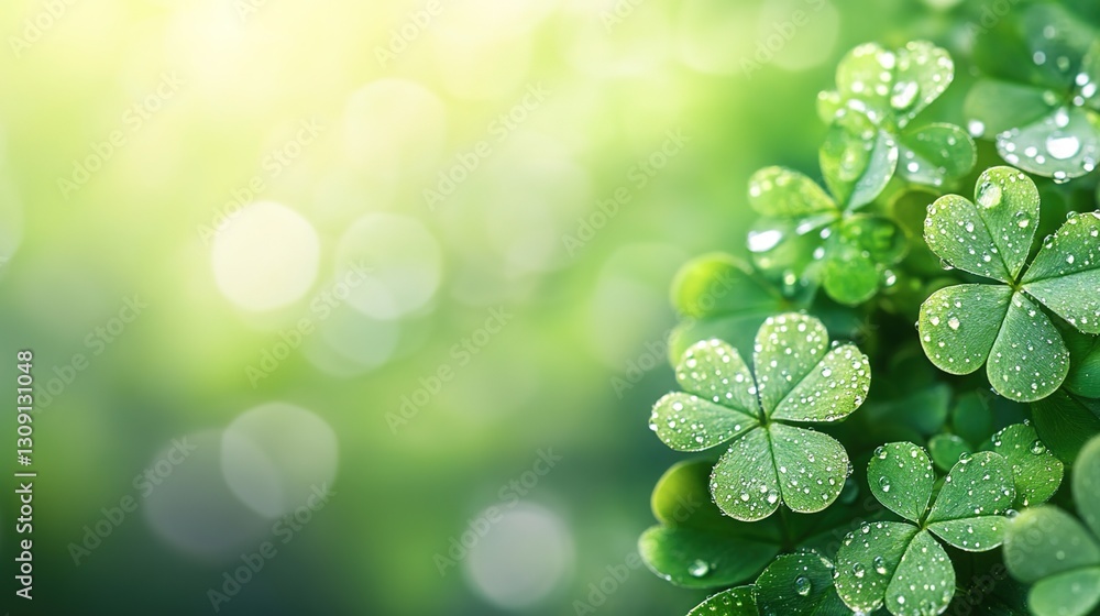 A vibrant soft background with water droplets on the edges, adorned with green shamrocks for a St. Patrick's Day celebration. A vibrant soft background with water droplets on the edges, adorned with green shamrocks for a St. Patrick's Day celebration.